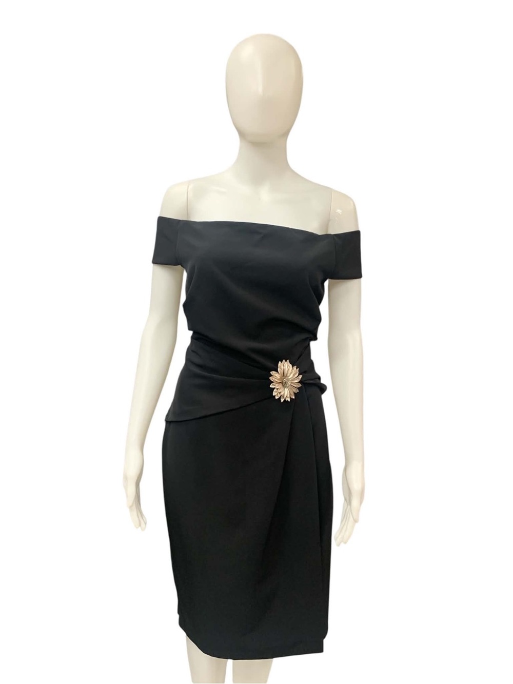 Ralph Lauren Black One-Shoulder Sheath Dress with Floral Brooch Size L